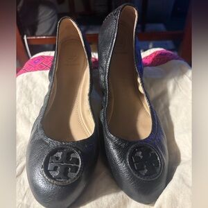 Tory Burch Black Leather Logo Ballet Flats